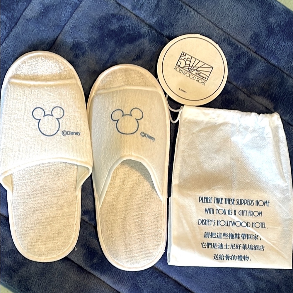 Disney Hong Kong Hollywood Hotel slippers and paper coaster and bag.